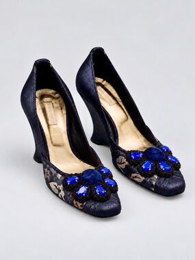 Gianna Meliani Floral Jacquard Wedge Pumps EU 38 Crystal Embellished Italy